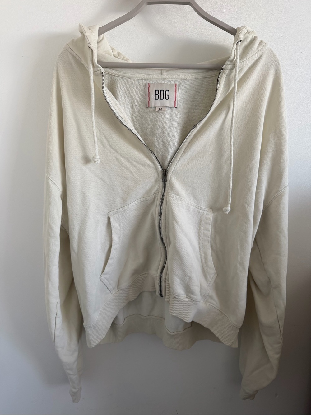 BDG Off-White Zip Hoodie with Red Stitching Detail